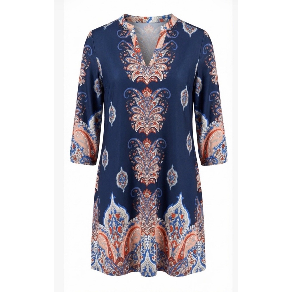 New Directions Paisley Tunic Dress PM Navy Boho 3/4‎ Sleeve Split Neck Dress